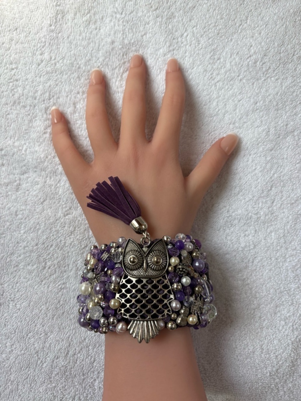 Whimsical Boho Owl Cuff Bracelet -
Purple & Pearl Beadwork - One-Of-A-Kind